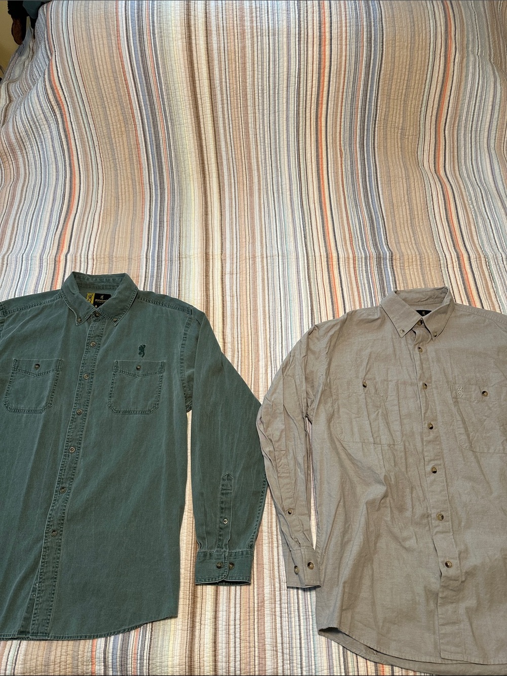 Pair of rare Browning Men's Button-Down Shirts - Olive Green and Taupe